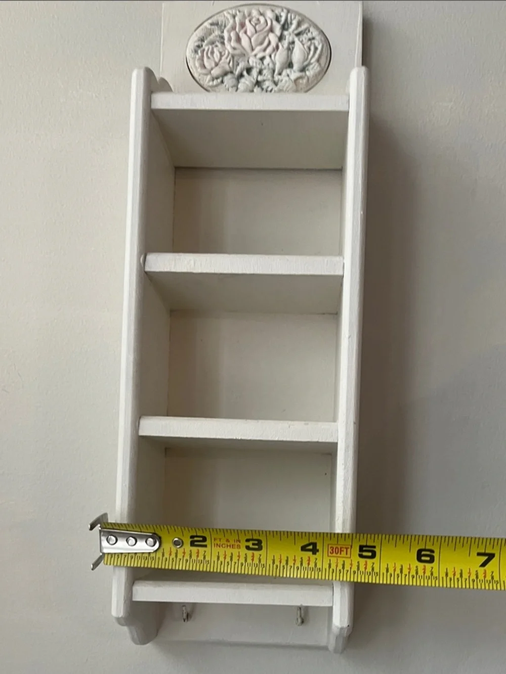 Off White / cream painted decorative Wood Wall Shelf w hooks -